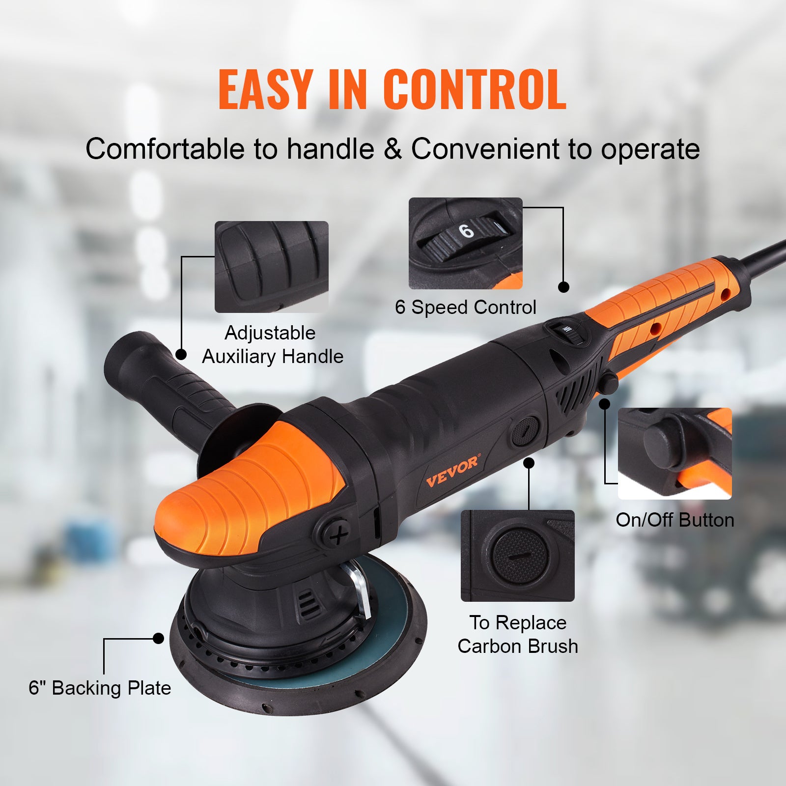 VEVOR Buffer Polisher, 6-Inch Random Orbital Polisher For Car Detailing, 6 Variable Speed ​​1900-4600RPM Dual Action Polisher Waxer Kit, With Detachable Handle For Car, Boat, Polishing, Waxing 