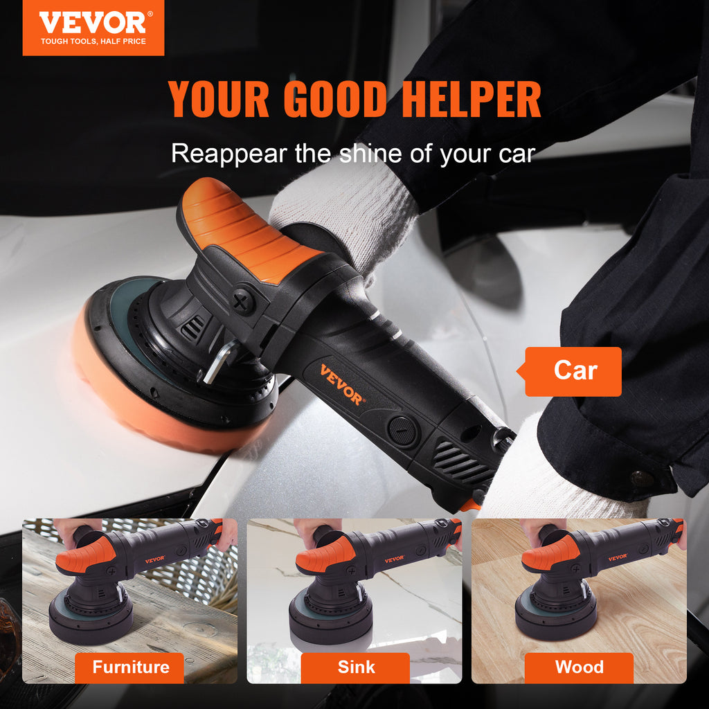 VEVOR Buffer Polisher, 6-Inch Random Orbital Polisher For Car Detailing, 6 Variable Speed ​​1900-4600RPM Dual Action Polisher Waxer Kit, With Detachable Handle For Car, Boat, Polishing, Waxing 