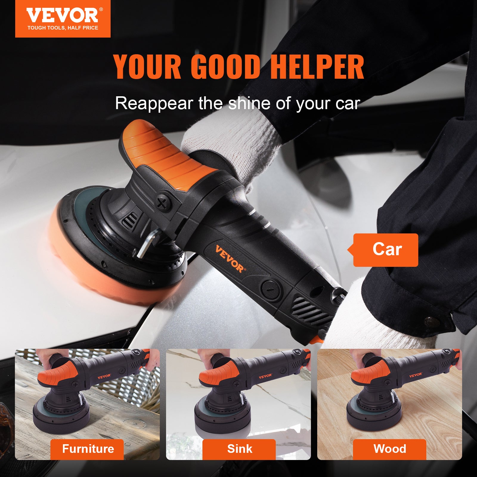 VEVOR Buffer Polisher, 6-Inch Random Orbital Polisher For Car Detailing, 6 Variable Speed ​​1900-4600RPM Dual Action Polisher Waxer Kit, With Detachable Handle For Car, Boat, Polishing, Waxing 